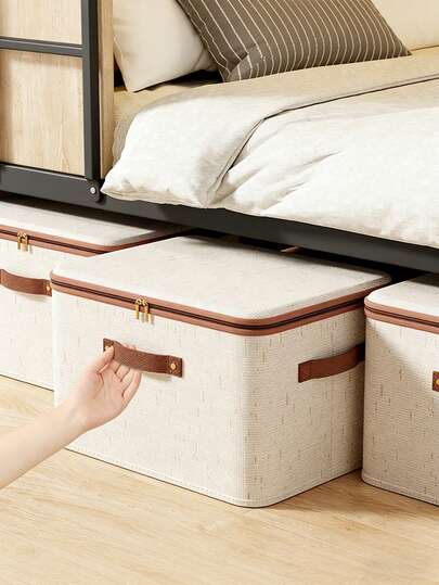 1个可折叠收纳盒，带拉链和提手，米色，涤纶亚麻材质，方形带盖，坚固耐用，多用途，可存放衣物、玩具和其他物品，也适用于室内装饰、卧室装饰、装饰条、收纳、牛仔裤等。