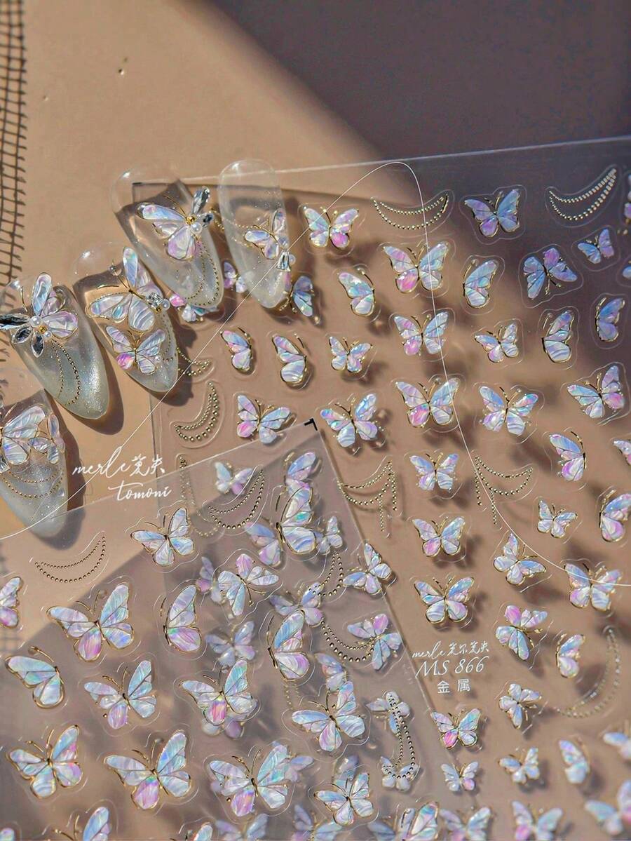 1片5D金属美甲贴纸，梦幻美甲贴纸，高级果冻蝴蝶奢华自粘美甲贴纸，DIY美甲饰品 - 彩色 - 查看 1