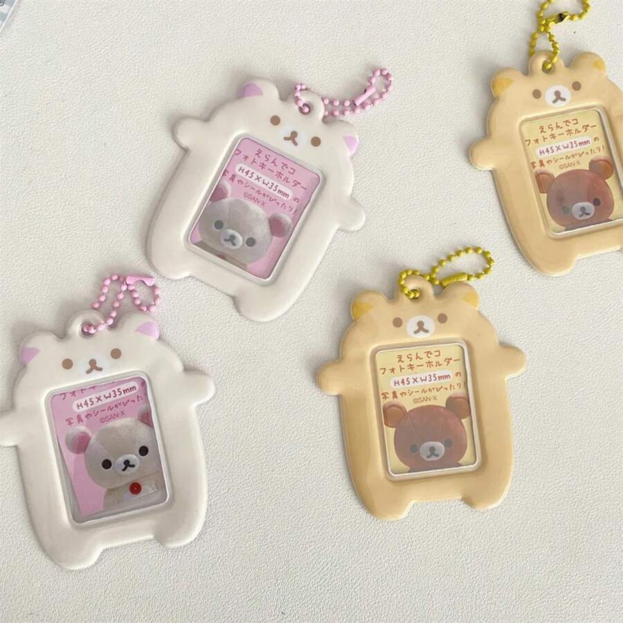 Japanese Style Kawaii Cartoon Bear  Photo Card Holder Keyring Cute Bear K-Pop Idol Keychain For 2 Inch Photo School License Case - 白色 - 查看 1