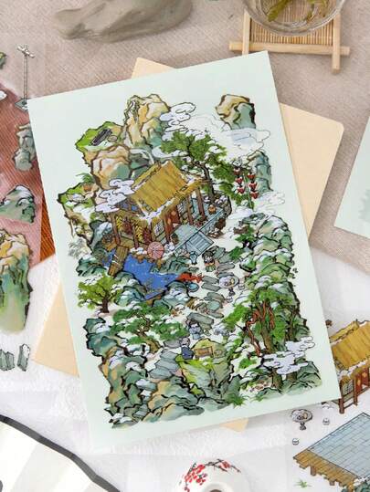 1 miếng dán phong cảnh, bộ sưu tập Bốn mùa Giang Nam, hình nhà thu nhỏ 3D nhiều lớp kiểu Trung Quốc, dùng trang trí sổ lưu niệm.