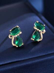 1 Pair Minimalist Double Rhinestone Cute Cat Zirconia Stud Earrings, Suitable For Friends, Dates, Daily Wear - W17874 - View 16