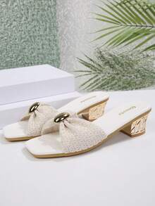 2025 Summer New Black Square Toe Slide Sandals For Women, Woven Bowknot Chunky Heel Mules With Metal Buckle, Comfortable Soft Sole Casual Slip-On Beach Slippers, Fashionable Luxury Vacation Sandals - White - View 7