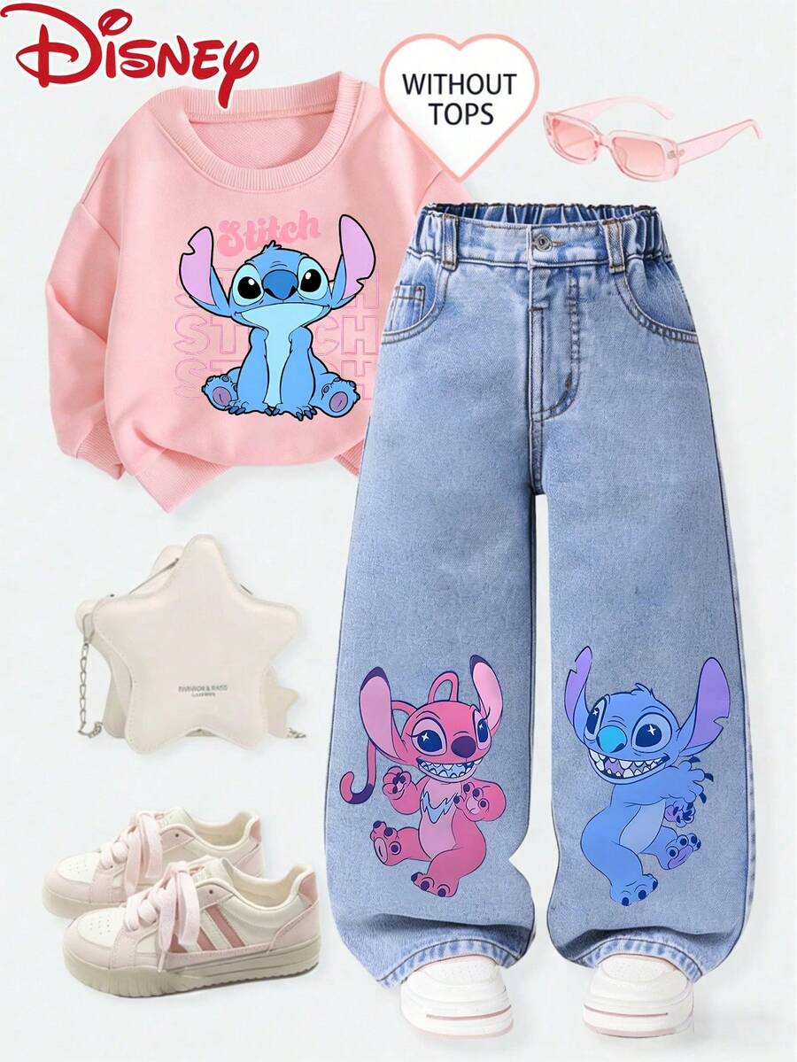 Disney-Branded Licensed Girls Children's Jeans, Stitch And Angel Partner Patterned And Printed, Straight-Leg Pants For Teenagers In Spring/Summer, Casual, , Cool, And Versatile Denim Pants - Light blue - 查看 1