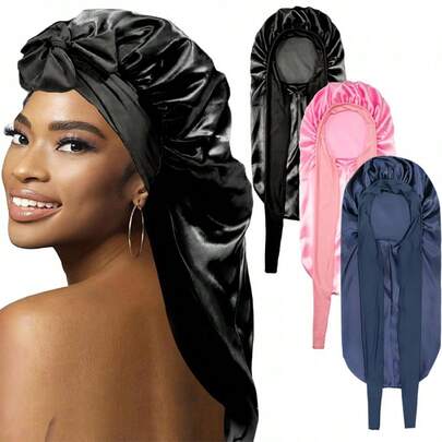 Women's Long Satin Sleep Cap With Bow Headband, High Elasticity, For Hair Styling And Hair Care Bonnet For Women