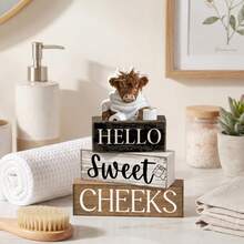 4-Piece Highland Cow Wooden Sign Farmhouse Wooden Tabletop Decor Farmhouse Tiered Tray Decor Rustic Highland Cow Wooden Block Sign Gift Center Decorative Piece Home Dining Table Decor - View 6