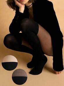 1双假过膝高筒袜，黑色图案，透视薄丝袜 - 彩色 - 查看 1