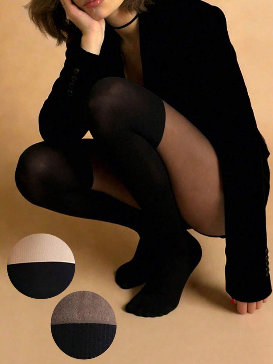 1双假过膝高筒袜，黑色图案，透视薄丝袜 - 彩色 - 查看 1
