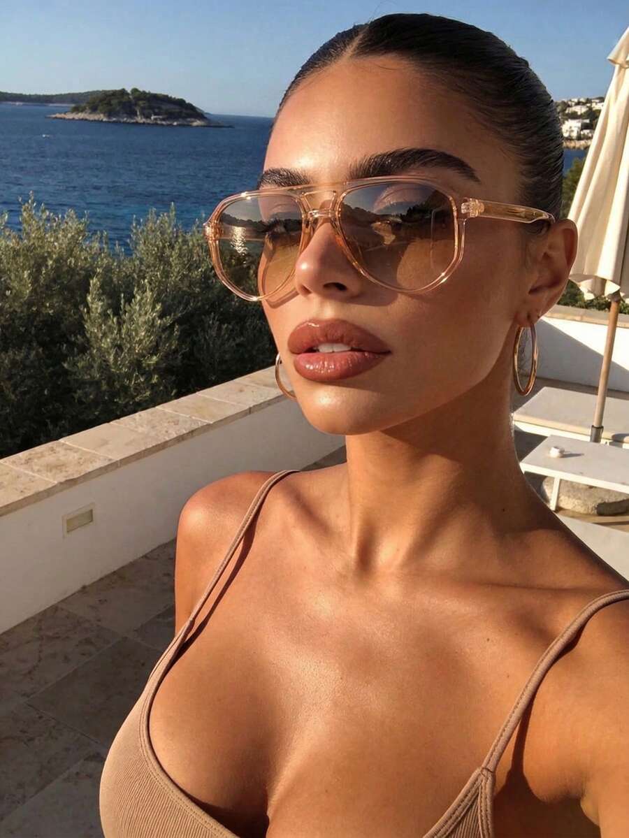 Retro Pilotenstil große Rahmen Champagnerfarben Modebrillen, Klassische Plastikbrillen für Frauen für Outdoor, Reise, Strand, Urlaub, Alltag, Sommer Modebrillen, Unisex - Champagnerfarben - Übersicht 1