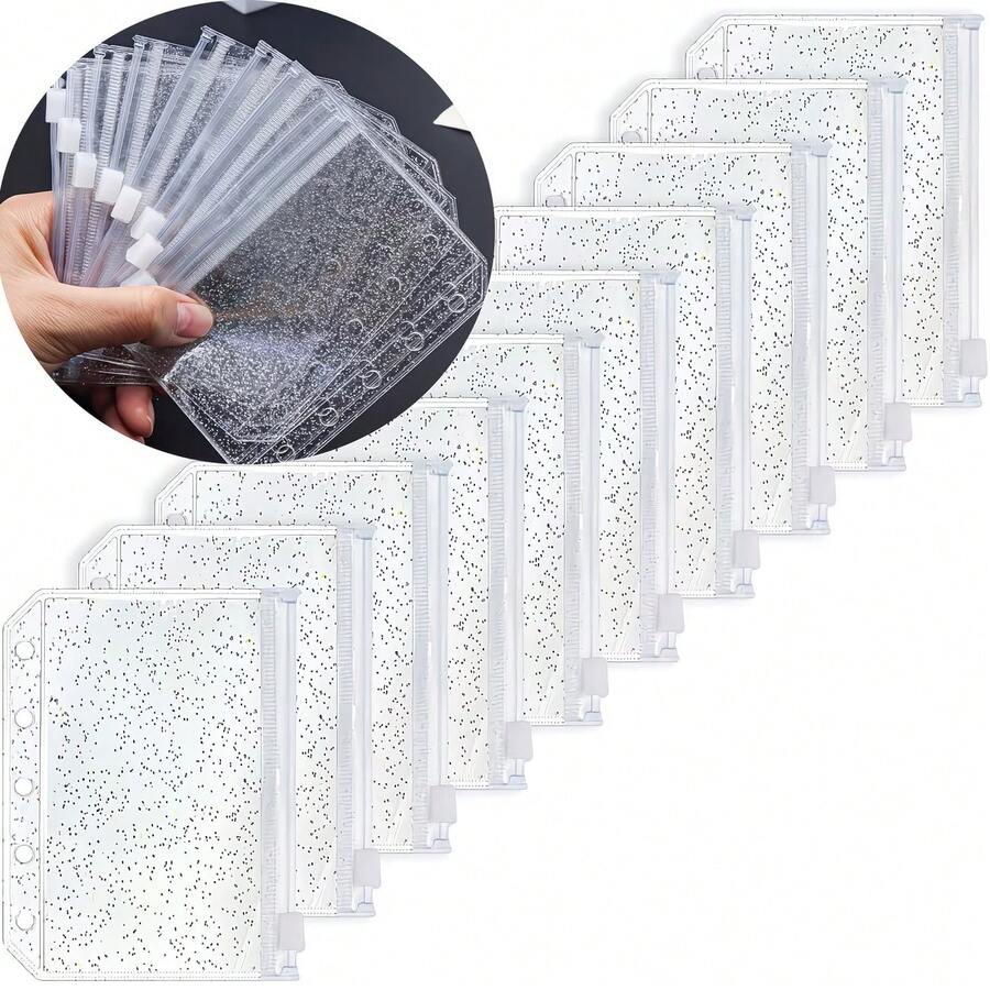 A8活页夹专用透明拉链口袋套装，10个装，5孔设计。这些活页夹袋也可作为迷你现金信封、明信片或零钱袋使用。