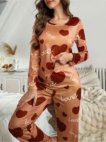 Ensemble de pyjama et de vêtements d'intérieur avec manches longues et pantalon long pour femmes, spécialement conçu pour la Saint-Valentin, avec des imprimés de cœurs et de slogans, convenant à l'automne et à l'hiver, tissu confortable et coupe ample pour une soirée cocooning, décoré d'un beau motif, pantalon long avec taille élastique. - Couleurs mélangées - Voir 4