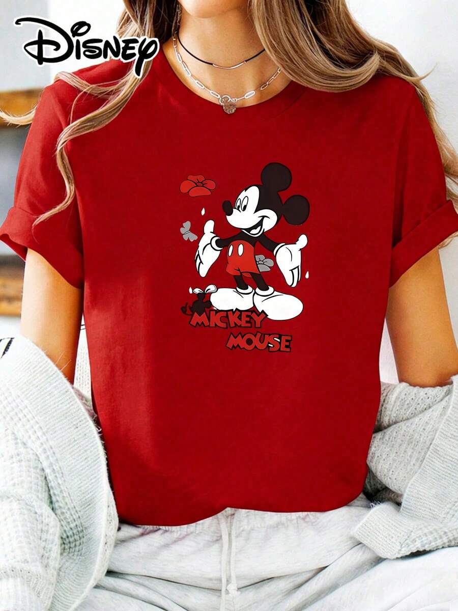 Soft Cotton T-Shirt | Disney "Mickey Mouse Floral Fun" Graphic Tee | Casual Daily WearMade With Soft, Comfortable, And Durable Materials, This Is An Ideal Choice For Spring And Summer. This Crew Neck T-Shirt Is Suitable For Various Occasions, Including Everyday Wear, Shopping, Parties, Travel, And Gatherings, And Also Makes A Thoughtful Gift. - 紅色 - 查看 1