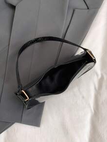 1 pieza Bolso de hombro en forma de media luna minimalista de unicolor de PU, diseño de cremallera conveniente, adecuado para salidas diarias - Negro - Ver 8