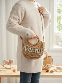 Customized Straw Beach Bag, Bridesmaid Beach Bag, Customized Gift Tote, Customized Straw Handbag, Wedding Party Gift, Flower Girl Basket - Multicolor - View 6