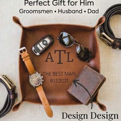 1 Khay đựng đồ cá nhân bằng da thật cao cấp, khắc tên theo yêu cầu, có nút bấm, khay vuông màu nâu cổ điển để đựng chìa khóa, ví, đồng hồ, tiền xu, đồ dùng để bàn/đầu giường tối giản, quà tặng cho phù rể, kỷ niệm ngày cưới, sinh nhật, Ngày của Cha, quà tặng cho người thân yêu.