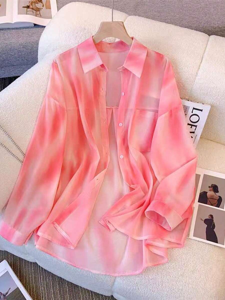 Women's Ombre Color Casual/Office Long Sleeve Shirt, Spring Red - Red - View 1