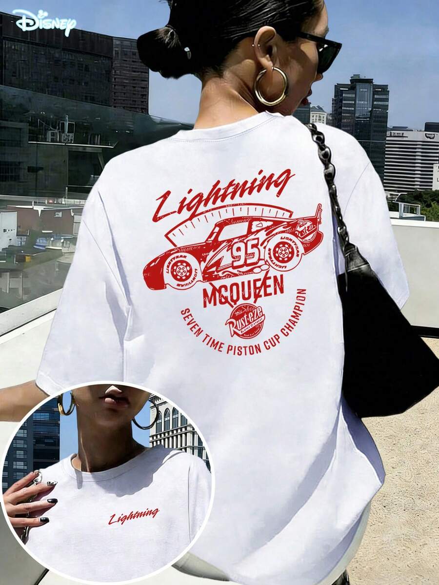 Disney Cars 7-Time Champion Lightning McQueen T-Shirt: White Oversized Cotton Tee With Vintage Distressed Style Graphic, Perfect For Cars Fans, Casual Wear And Gift - trắng - Xem 1
