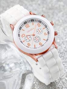 Women's New Fashion Luxury Brand Watch, Silicone Strap Quartz Wristwatch, Ladies Watch - White - View 2