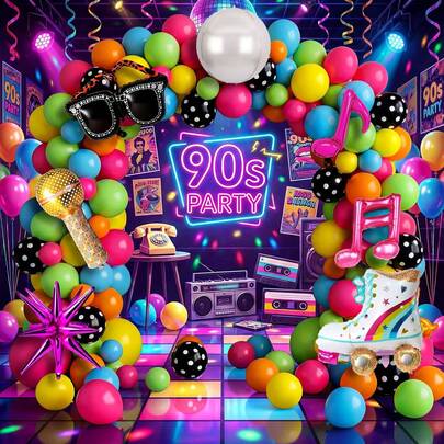 144 Sets Of Balloon Arches From The 1980s To The 1990s. Retro Disco-Themed Decorations From The 1980s To The 1990s. Including Purple-Red, Blue, Yellow, Green And Orange Latex Balloons, Exploding Stars, Silver Spheres. Microphones, Musical Note Balloons. Suitable For 1990s, 1980s Hip-Hop Style Birthday Parties, Solo Makeup Balls, Solo Parties, Solo Dance Parties And Solo Gatherings As Decoration Items.