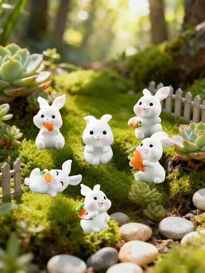 6pcs Easter Bunny Mini Sculpture Set, Cute Cartoon Rabbit Design, Suitable For Micro Landscape Decor, Resin Rabbit Figurines With Carrot Decor, Spring Home Office Desktop Decor, Easter Party Centerpiece, Adorable Animal Collectible Gift, Applicable To Various Decoration Scenarios
