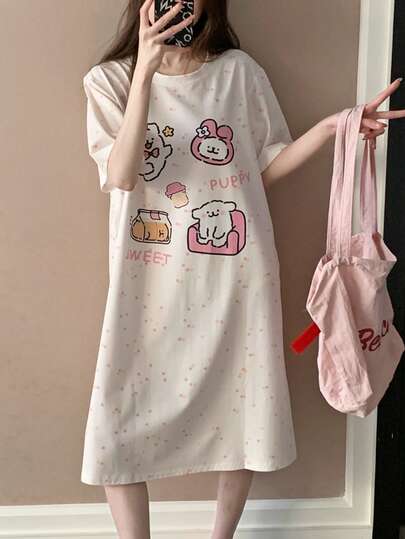 Cartoon Letter & Polka Dot Print Women's Short Sleeve Nightgown, Suitable For Spring/Summer