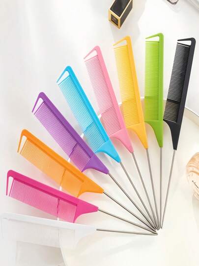 [7pcs/Set Multi-Function Comb] Professional Pointed Tail Comb, Rat Tail Comb, Sectioning Comb, Stainless Steel Tail Comb, Anti-Static Hair Brush, Braiding Comb, Fine Tooth Rat Tail Comb, Highlighting Comb - Charming Candy Colors