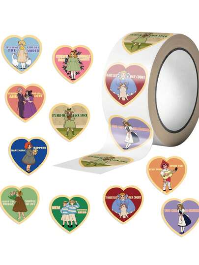 500张/卷，卷装，胶带，复古卡通图案，手写记账材料，装饰信封，贴纸圆点