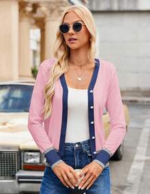 Women's Lightweight Long Sleeve Cropped Cardigan Sweater, Spring Summer Fashion Casual Open Front Shrug Outfits - 粉紅色海軍藍 - 查看 3