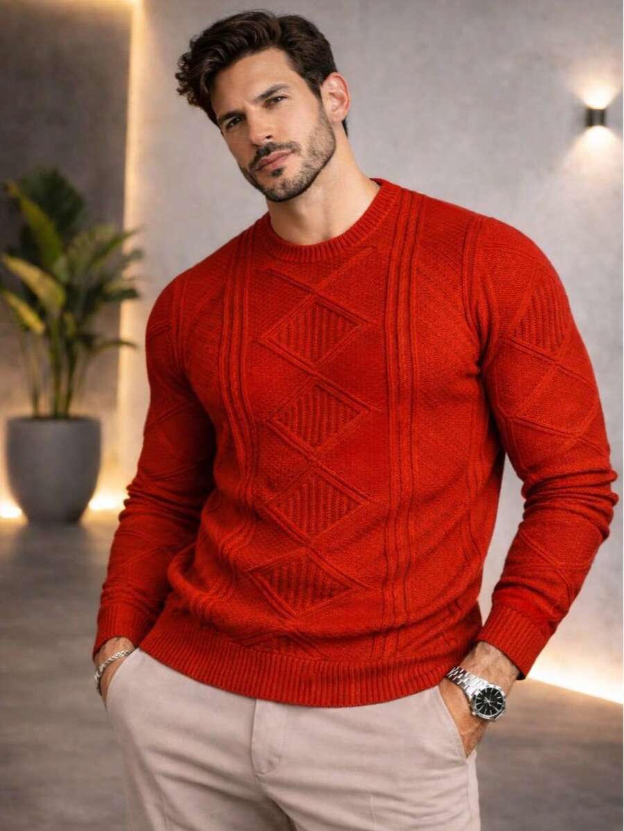 High-Quality Men's Knit Sweater For Cold Weather, Autumn/Winter, Long Sleeves, Father's Day. - 紅色 - 查看 1