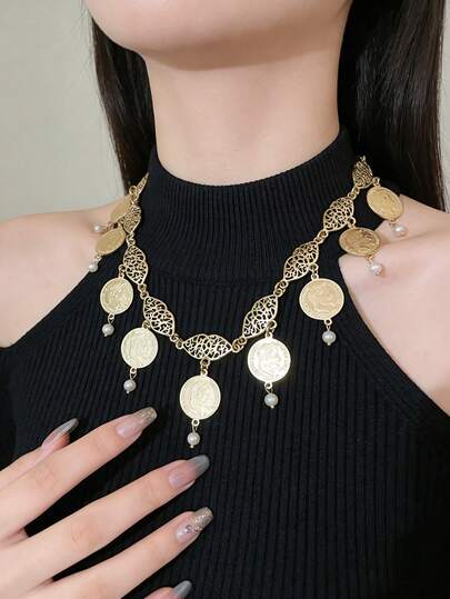 1pc Vintage Palace Style Women's Necklace, Gold-Plated Alloy Hollow Floral Coin Pendant With Pearl Tassel, Exaggerated Necklace, Party & Banquet Attractive Accessory