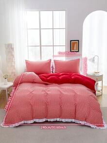 舒适2/3件套花卉蕾丝边纯色格子柔软床上用品组合。套装包含：1件花卉蕾丝被套 + 1/2件花卉蕾丝枕套（不含被芯和枕芯），隐形拉链，4个角带系带。适用于卧室、宿舍、旅行酒店住宿，四季皆宜。 - 紅色 - 查看 24