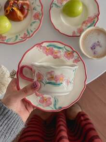 一套INS风粉雾兰花陶瓷咖啡杯碟套装，釉下彩工艺，手绘花卉图案，少女设计，INS风时尚浪漫，手绘粉雾兰花，视觉及使用体验 - 查看 11