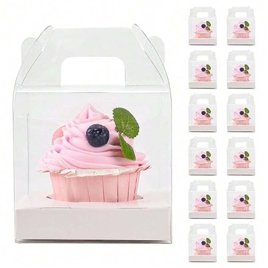 12 PCS Individual Cupcake Containers Single Cupcake Boxes With Handle And Inserts C Plastic Favor Boxes - Clear - View 1