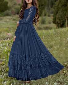 2026 Girls Elegant Lace Flower Boho Dress Long Sleeve Backless Square Neck Ruffle Party Maxi Dress - 02 Navy - 查看 2