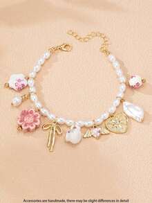 1pc Handmade Ceramic Bow & Heart Charm Bracelet, Faux Pearl Beaded Strand, Basic Design Beaded Charms Bracelet Women (Color And Shape May Vary Slightly) - 多色 5 - 查看 4