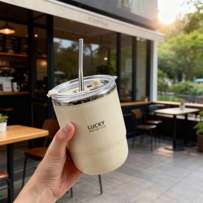 500毫升304不锈钢咖啡杯，带盖和吸管，双层保温水杯，便携式大容量双层壁饮水杯，保温杯，可重复使用，冷热皆宜，适用于盛装茶、牛奶、咖啡等饮品，适合学生和成人在学校、办公室、户外露营、野餐、旅行等场合使用。