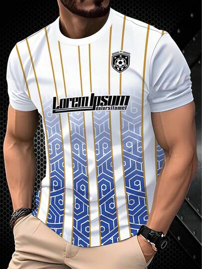 男士白蓝渐变几何条纹足球徽章印花短袖T恤，夏季运动休闲透气个性化上衣