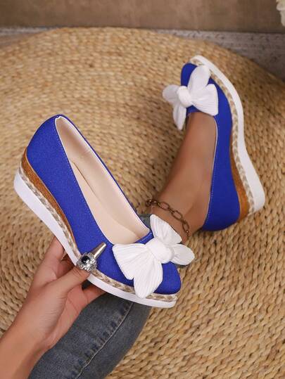 Women's Platform Slip-On Casual Shoes With Bow Tie, Fashion Waterproof Wedge Espadrille Pointed Toe Shoes, Outdoor Spring/Autumn