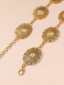 1pc Oversize/Plus Size Western Style Belt, Material Women's Waist Belt/Chain, Bohemian Vintage Floral Engraved Matte Black Textured Metal Waist Chain, Suitable Pairing With Western Jeans, Casual, Beach, Party, Festival, XXL Size, New Year - 金子 - 查看 6