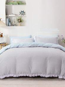 舒适2/3件套花卉蕾丝边纯色格子柔软床上用品组合。套装包含：1件花卉蕾丝被套 + 1/2件花卉蕾丝枕套（不含被芯和枕芯），隐形拉链，4个角带系带。适用于卧室、宿舍、旅行酒店，四季皆宜。 - 淺藍色 - 查看 10