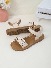 1 Pair Toddler/Kids Beige Flat Sandals, Soft PU Leather, Triangular Cutout, Hook And Loop Strap, Round Peep Toe, Non-Slip Soft Sole, Fashion Princess Style Beach/School/Party Wear, Suitable For 3-12 Years Old Girls, Spring/Summer 2026 - Beige - View 6