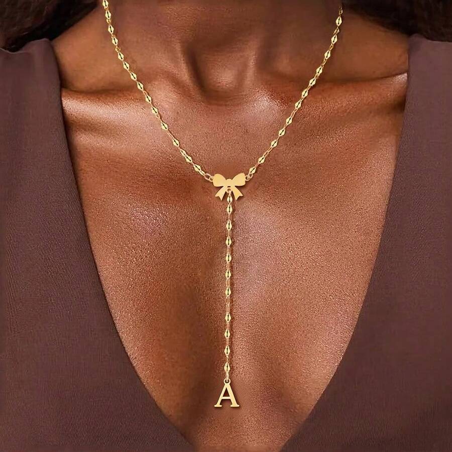 1pc Simple Fashion Bowknot Initial Pendant Golden Stainless Steel Lip Chain Necklaces For Women - Yellow Gold - View 1