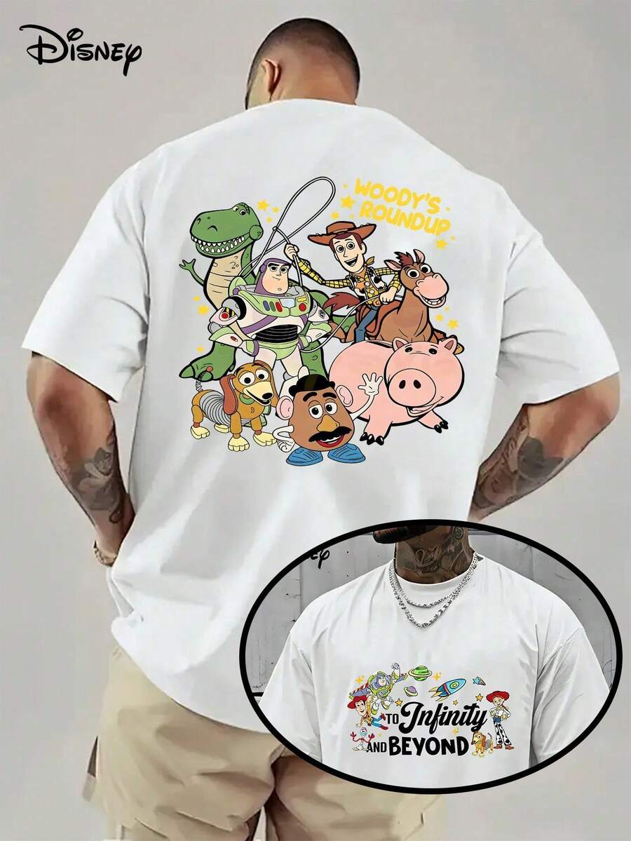 Disney Officially Licensed Toy Story "To Infinity And Beyond" Double-Sided 220g 100% Cotton T-Shirt, Unisex Regular Fit Casual Streetwear - 白色 - 查看 1