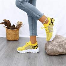 Lightweight Mesh Leopard Print Sneakers Lace-Up Style With Cushioned Sole Flexible & Comfortable Ideal For Gym Workouts Walking And Casual Daily Wear. - Upgrade Yellow - View 5