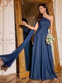 Volly Toych 藏蓝色优雅高贵单肩超长披肩袖闪亮雪纺垂褶长裙，适合特殊场合、晚宴、伴娘礼服 - 藏蓝色 - 查看 7