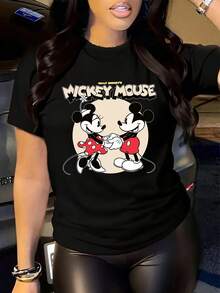 Disney Womens Casual Cotton Mickey Mouse Print Short Sleeve Regular Length Round Neck T-Shirt - 黑色 - 查看 1