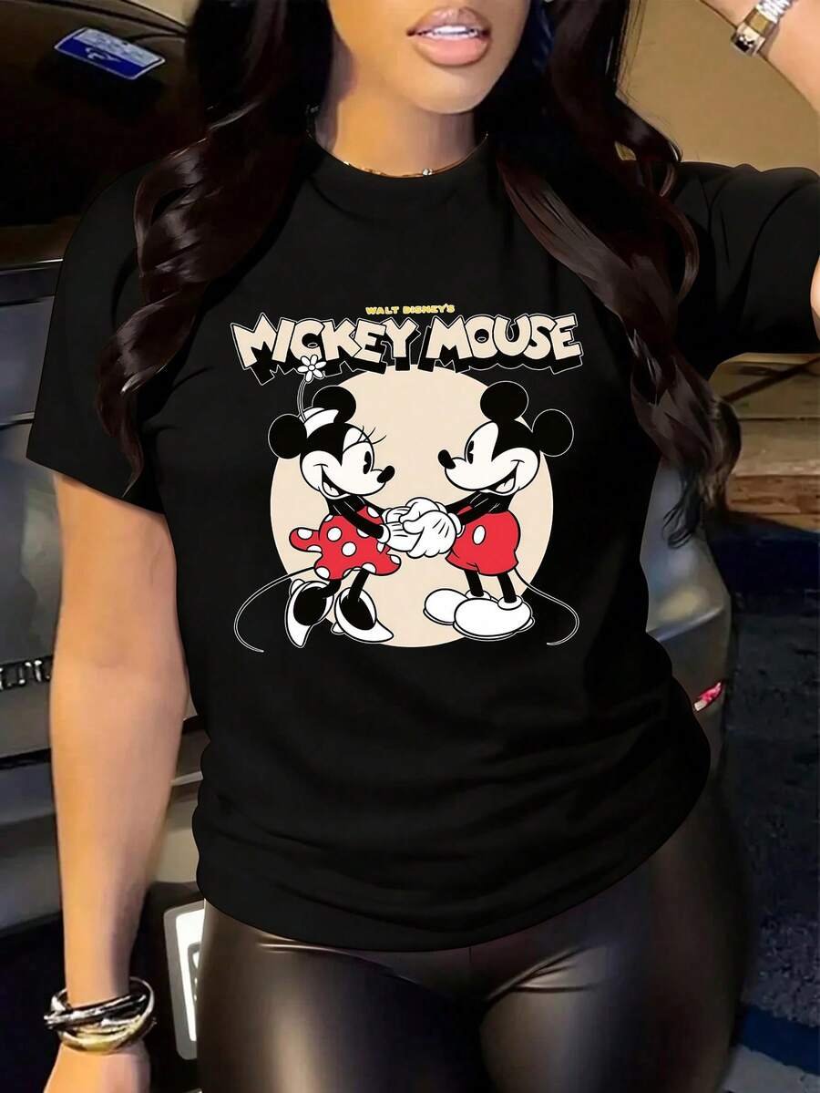 Disney Womens Casual Cotton Mickey Mouse Print Short Sleeve Regular Length Round Neck T-Shirt - 黑色 - 查看 1