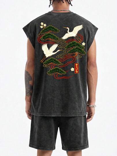 简约复古深色男士水洗做旧背心短裤套装