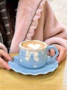 1pc 350ml Cute Blue Ceramic Cup Saucer Set With 3D Bow, Star Moon Embossment For Coffee Tea - Multicolor - View 3