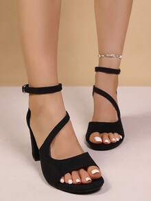 2026夏季新款女士黑色绒面革后跟高跟凉鞋，8厘米粗跟踝带露趾鞋 - 黑色 - 查看 6