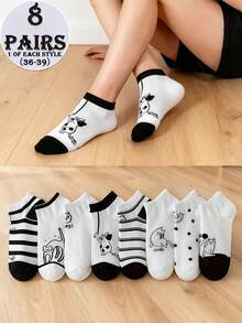 4/8 Pairs Unisex Black & White Cat Cartoon Striped & Polka Dot Breathable Moisture-Wicking Cute Funny Ankle Socks, Suitable For Daily Wear - Black and White - View 9